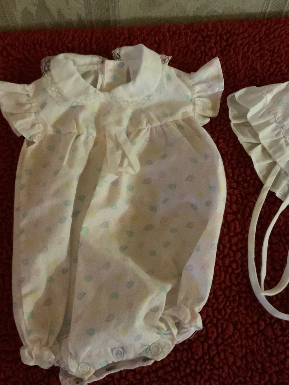 Vintage-Infant Romper with matching Bonnet with Pastel designs